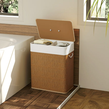 Bamboo laundry basket with lid, 2 compartments, 100 L laundry collector with rope handles, removable laundry bag