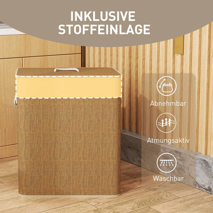 Bamboo laundry basket with lid, 2 compartments, 100 L laundry collector with rope handles, removable laundry bag