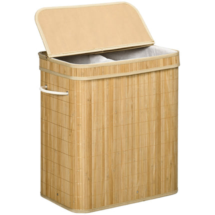 Bamboo laundry basket with lid and 2 compartments, 90L