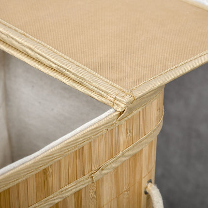 Bamboo laundry basket with lid and 2 compartments, 90L