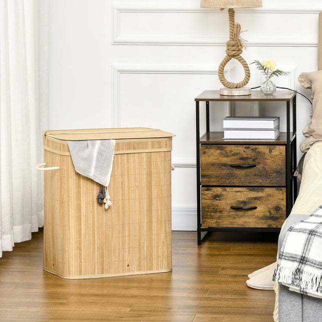 Bamboo laundry basket with lid and 2 compartments, 90L