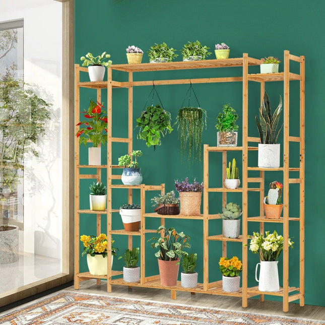 Bamboo plant shelf with 9 levels & hanging frame, standing shelf, room divider, flower shelf, 167 x 30 x 166 cm