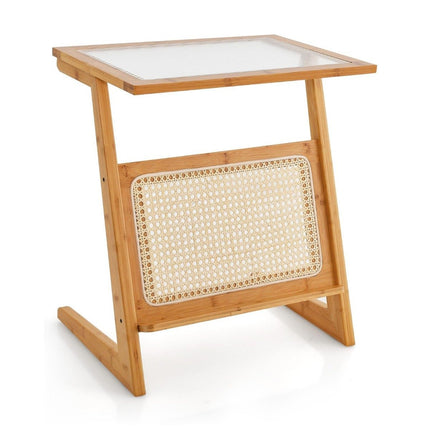 Bamboo side table with rattan magazine holder & glass top Z-shaped coffee table sofa table