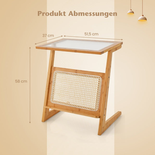 Bamboo side table with rattan magazine holder & glass top Z-shaped coffee table sofa table