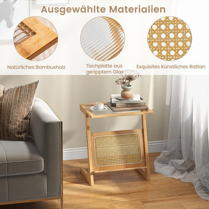 Bamboo side table with rattan magazine holder & glass top Z-shaped coffee table sofa table