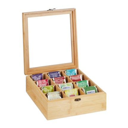 Bamboo tea box with 12 compartments