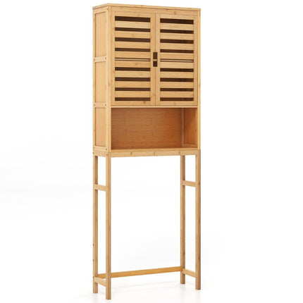 Bamboo toilet cabinet with 2 slatted doors & open shelf & adjustable crossbar