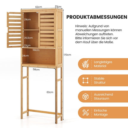 Bamboo toilet cabinet with 2 slatted doors & open shelf & adjustable crossbar