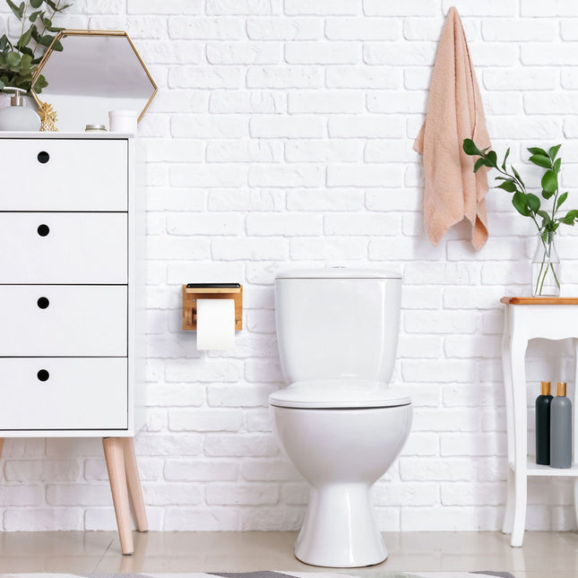 Bamboo toilet paper holder with shelf