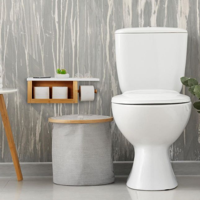 Bamboo toilet paper holder with shelf