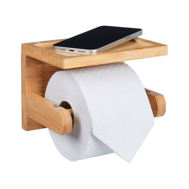 Bamboo toilet roll holder with shelf