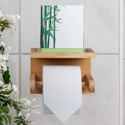 Bamboo toilet roll holder with shelf