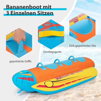 Banana boat for 3 people Towable tube with 3 EVA padded seats and handles 252 x 108 x 51 cm