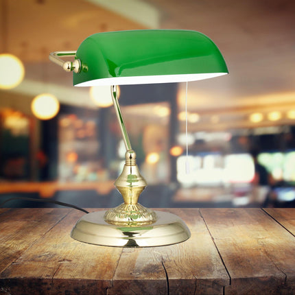 Banker lamp with green glass shade