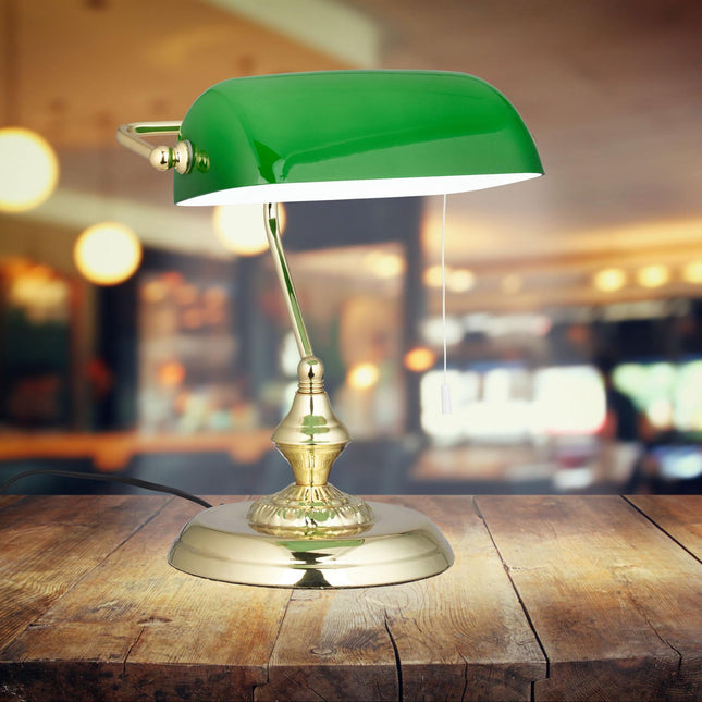 Banker lamp with green glass shade