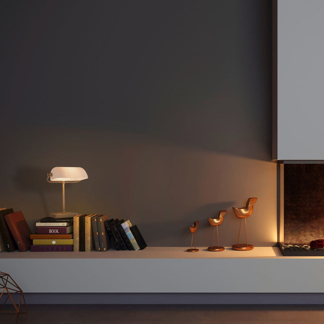 Banker lamp with white shade