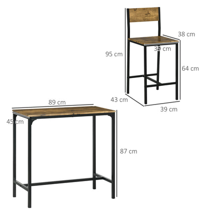 Bar Set with Table & 2 Stools, MDF & Metal, Brown