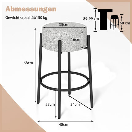 Bar Stool 68cm, Padded Seat, No Backrest, Metal Frame