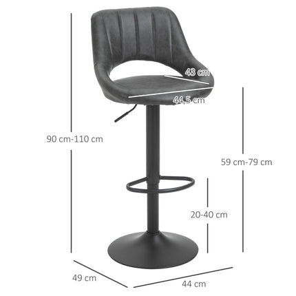 Adjustable barstools in gray leather look, set of 2 - swivel and metal frame