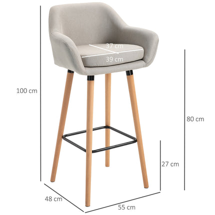 Bar stools Set of 2, linen cushions, beechwood legs, beige