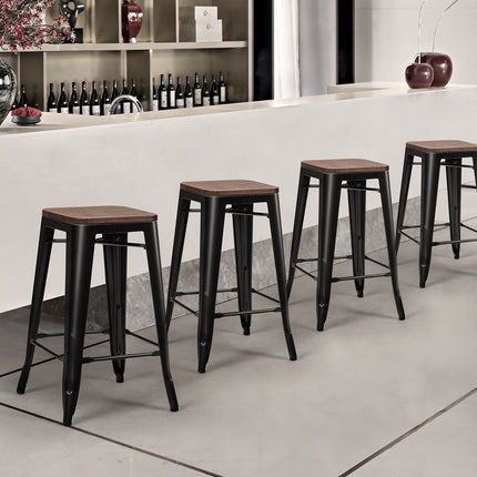 Bar Stool Set of 4, Elm Wood Seat, Iron Legs, 66 cm