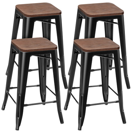 Bar Stool Set of 4, Elm Wood Seat, Iron Legs, 66 cm