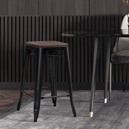 Bar Stool Set of 4, Elm Wood Seat, Iron Legs, 66 cm
