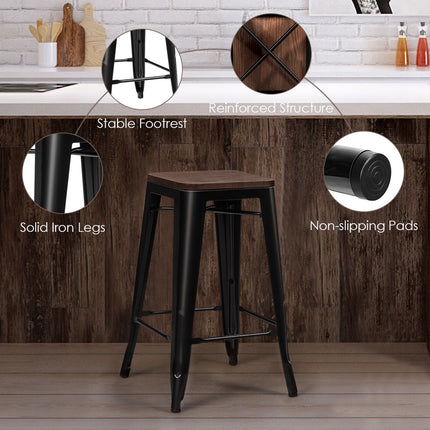Bar Stool Set of 4, Elm Wood Seat, Iron Legs, 66 cm