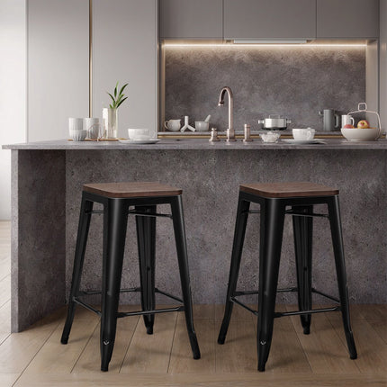 Bar Stool Set of 4, Elm Wood Seat, Iron Legs, 66 cm