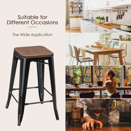 Bar Stool Set of 4, Elm Wood Seat, Iron Legs, 66 cm