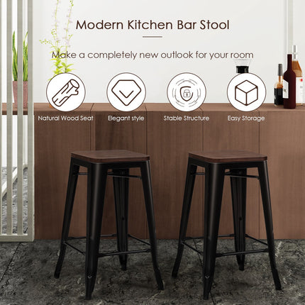 Bar Stool Set of 4, Elm Wood Seat, Iron Legs, 66 cm