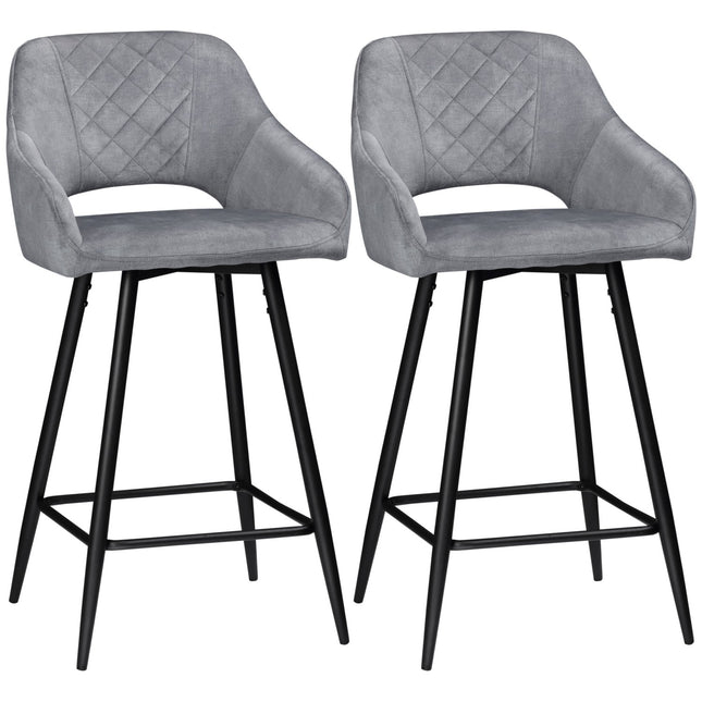 Velvet bar stools Set of 2, steel grey, with footrest
