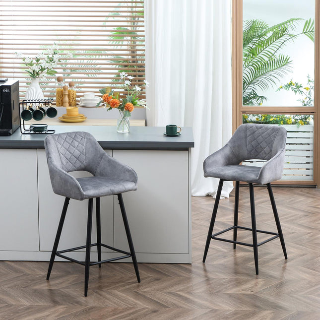 Velvet bar stools Set of 2, steel grey, with footrest