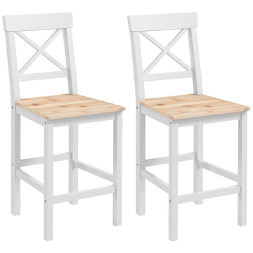 Bar Stools Set Of 2, Pine Wood, Backrest, Footrest