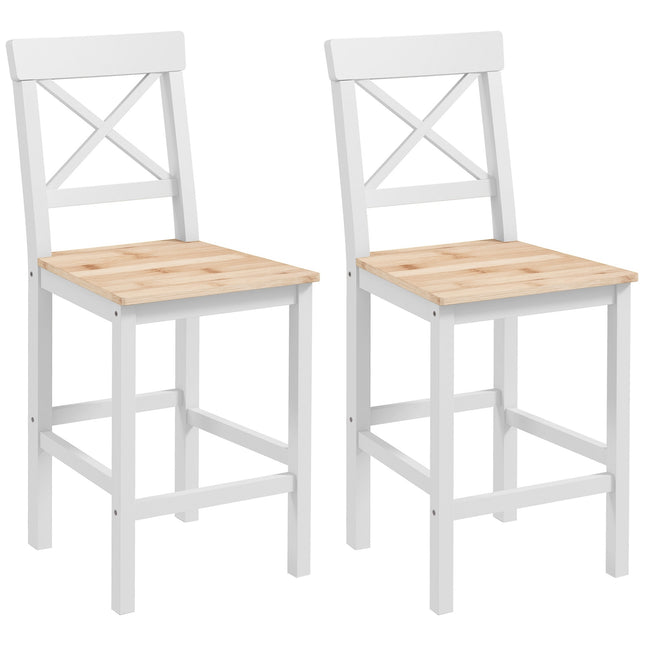 Bar Stools Set Of 2, Pine Wood, Backrest, Footrest