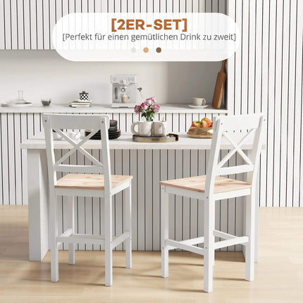 Bar Stools Set Of 2, Pine Wood, Backrest, Footrest
