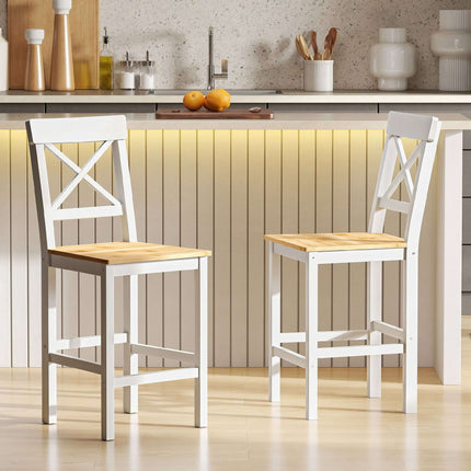 Bar Stools Set Of 2, Pine Wood, Backrest, Footrest