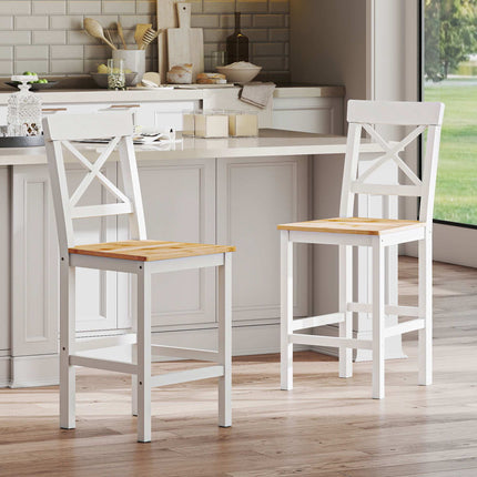Bar Stools Set Of 2, Pine Wood, Backrest, Footrest