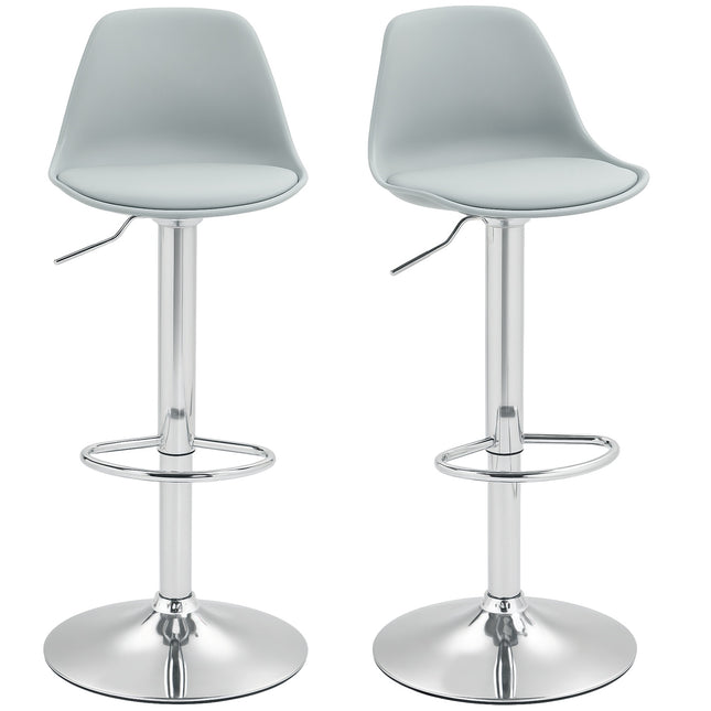Barkrukken set van 2, gevoerde barstoelen met stalen frame, rugleuning, in hoogte verstelbare keukenstoelen met voetsteun, 360° draaibare tegenkruk voor keuken, woonkamer, eetkamer, kunstleer grijs