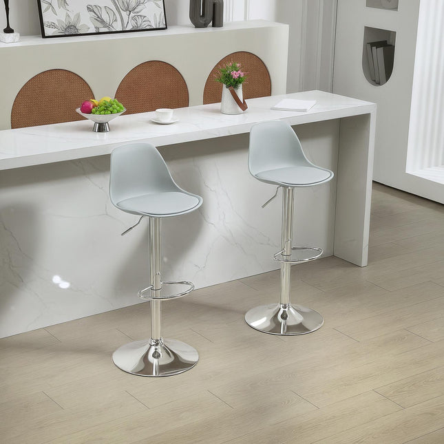 Barkrukken set van 2, gevoerde barstoelen met stalen frame, rugleuning, in hoogte verstelbare keukenstoelen met voetsteun, 360° draaibare tegenkruk voor keuken, woonkamer, eetkamer, kunstleer grijs