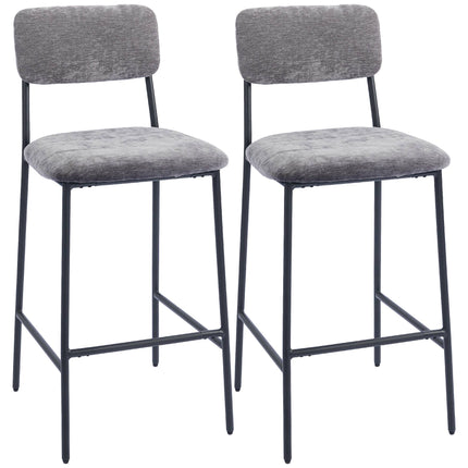 Bar Stools Set of 2, Padded, High Back, Grey Fabric, Steel