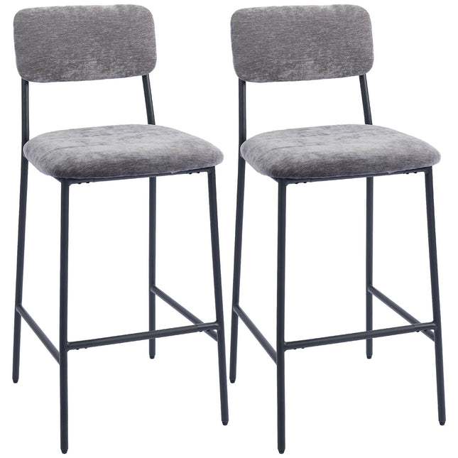 Bar Stools Set of 2, Padded, High Back, Grey Fabric, Steel