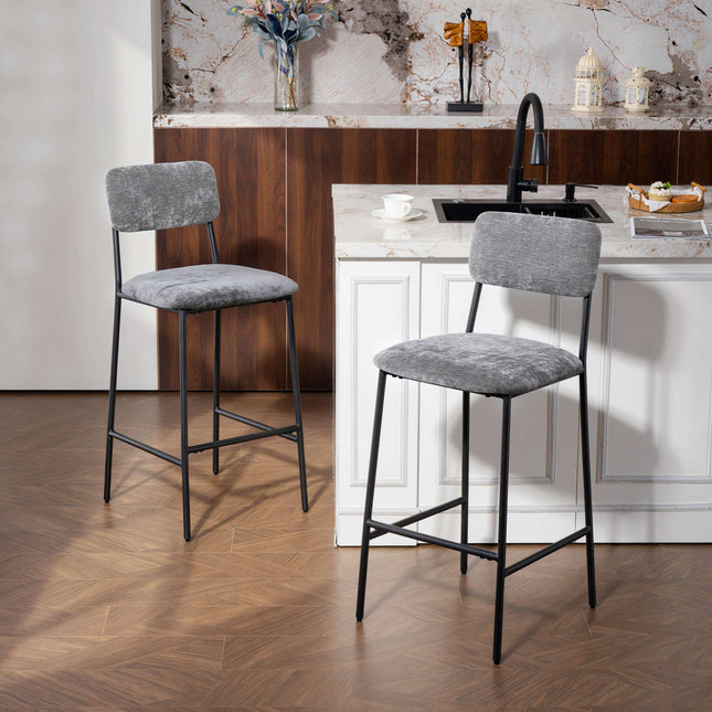 Bar Stools Set of 2, Padded, High Back, Grey Fabric, Steel