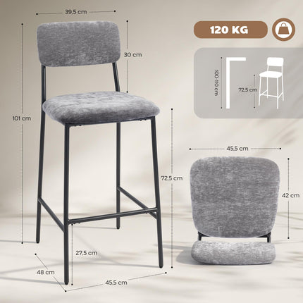 Bar Stools Set of 2, Padded, High Back, Grey Fabric, Steel