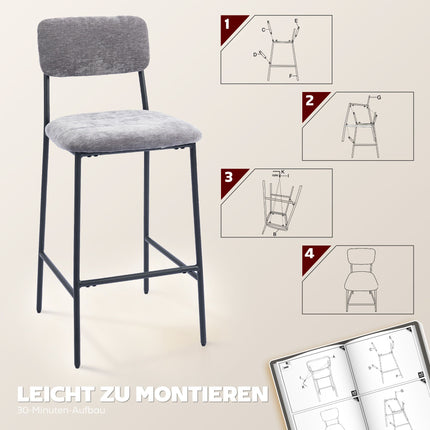 Bar Stools Set of 2, Padded, High Back, Grey Fabric, Steel