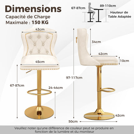 Bar Stools Set of 2, Swivel, Adjustable Height, Beige Velvet