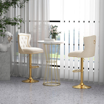 Bar Stools Set of 2, Swivel, Adjustable Height, Beige Velvet
