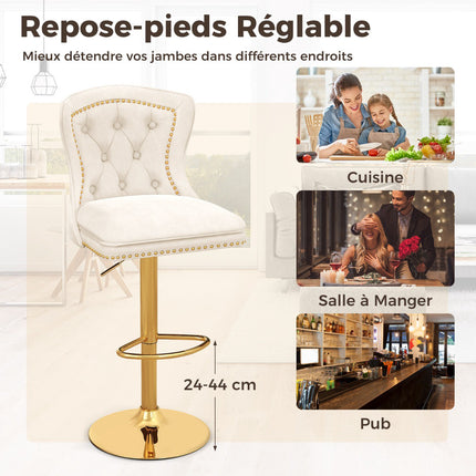 Bar Stools Set of 2, Swivel, Adjustable Height, Beige Velvet