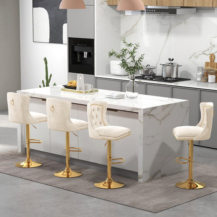 Bar Stools Set of 2, Swivel, Adjustable Height, Beige Velvet