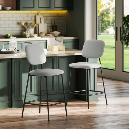 Bar Stools Set of 2, Velvet Upholstery, Steel Legs, Light Grey